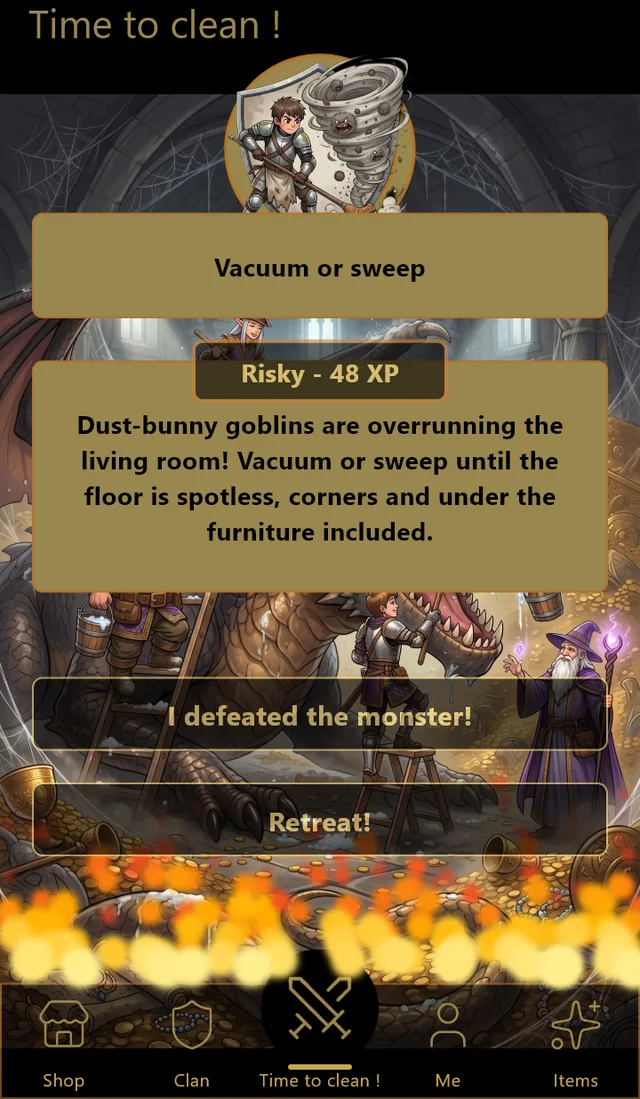 A fight in progress against a monster-chore