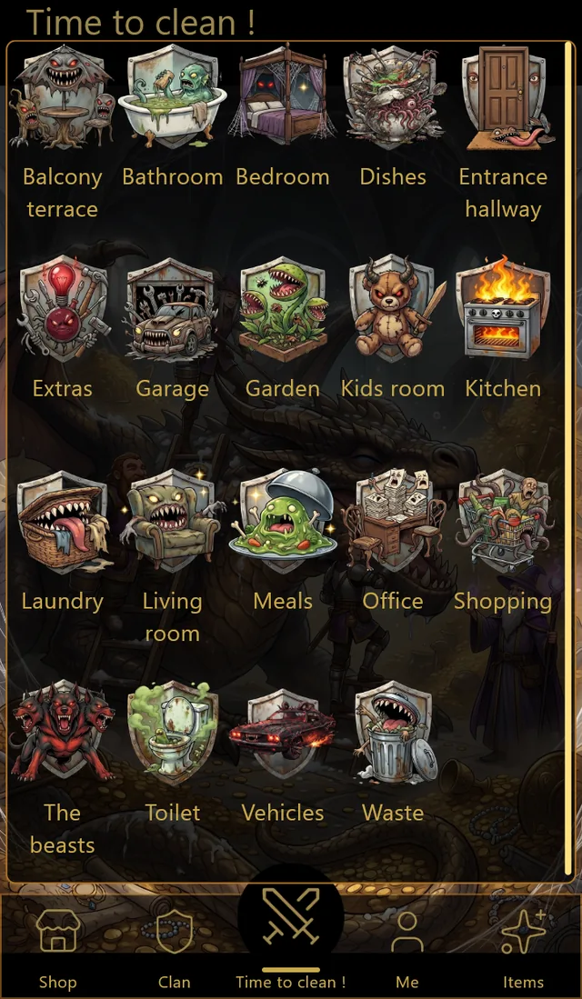 The hunt screen: every room of the house has its crest