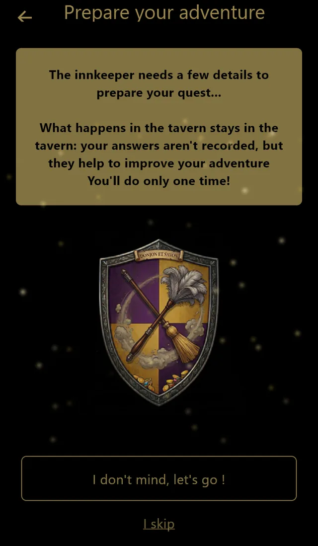 Prepare your adventure: the innkeeper's questions