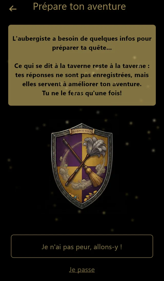 Prépare ton aventure : les questions de l'aubergiste