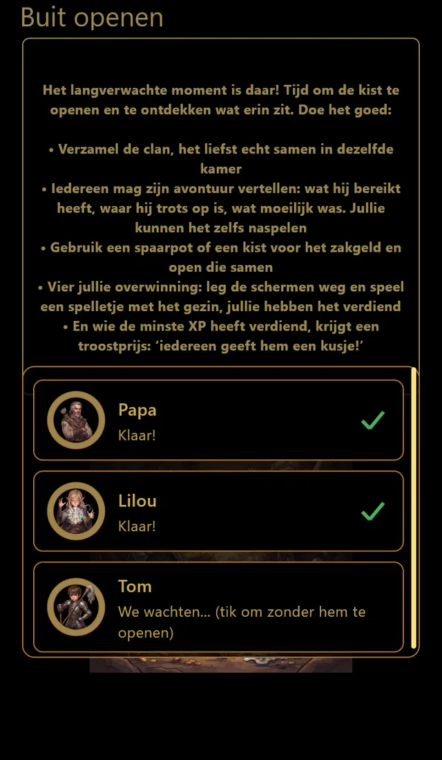Het openen van de buit: het clanhoofd wacht tot de hele clan klaar is