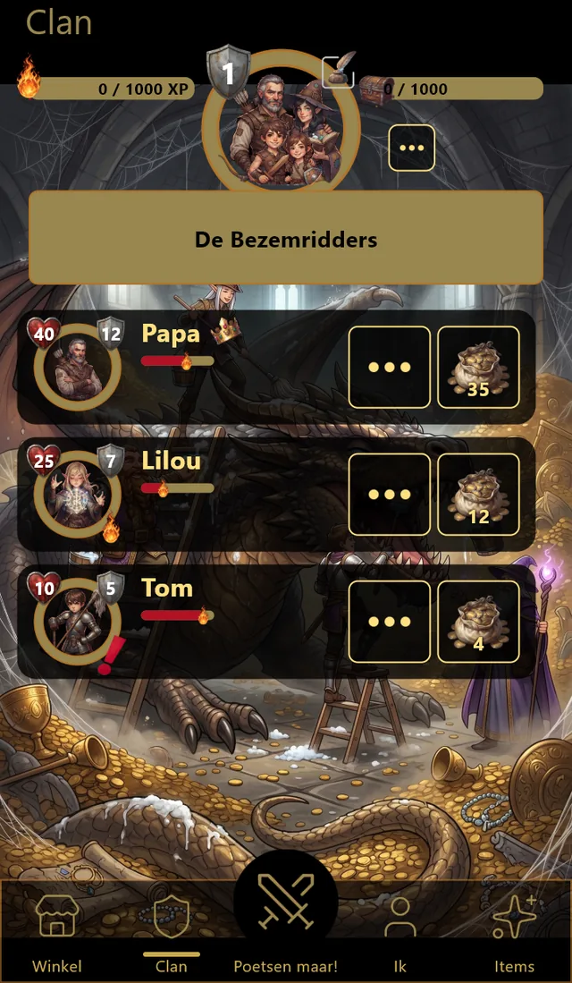 Het clanscherm: de leden, hun niveaus en hun levenspunten